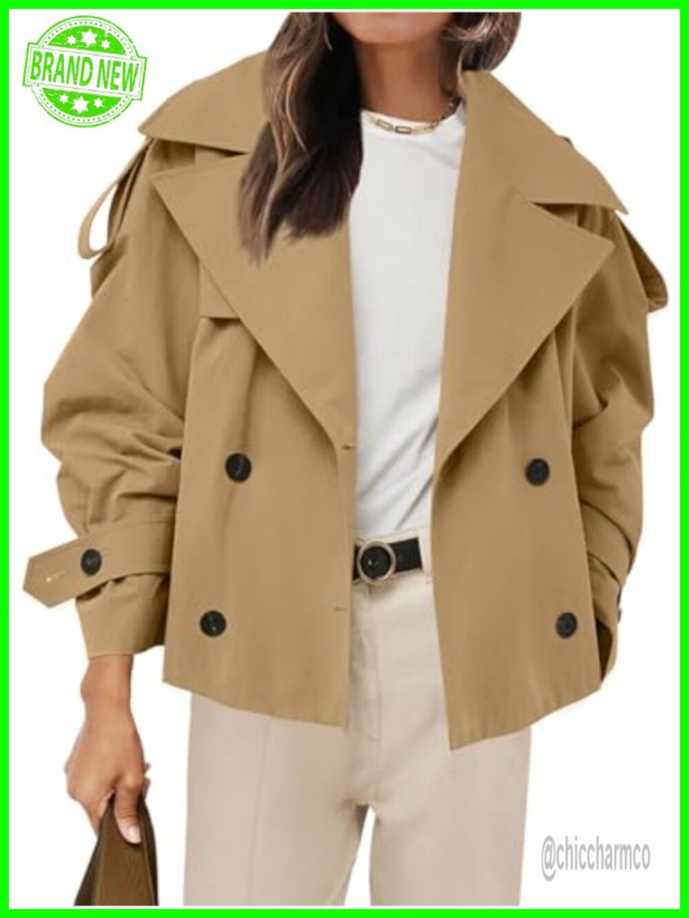 Womens Cropped Trench Coat Double Breasted Short Jacket with Belt Windbreaker